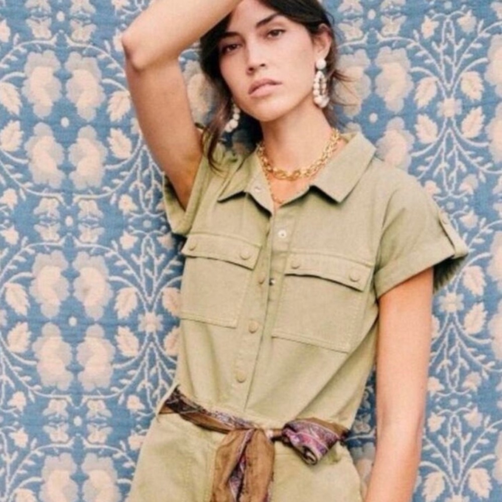Sézane Soho Romper Khaki Army Green Utility Cargo Pockets